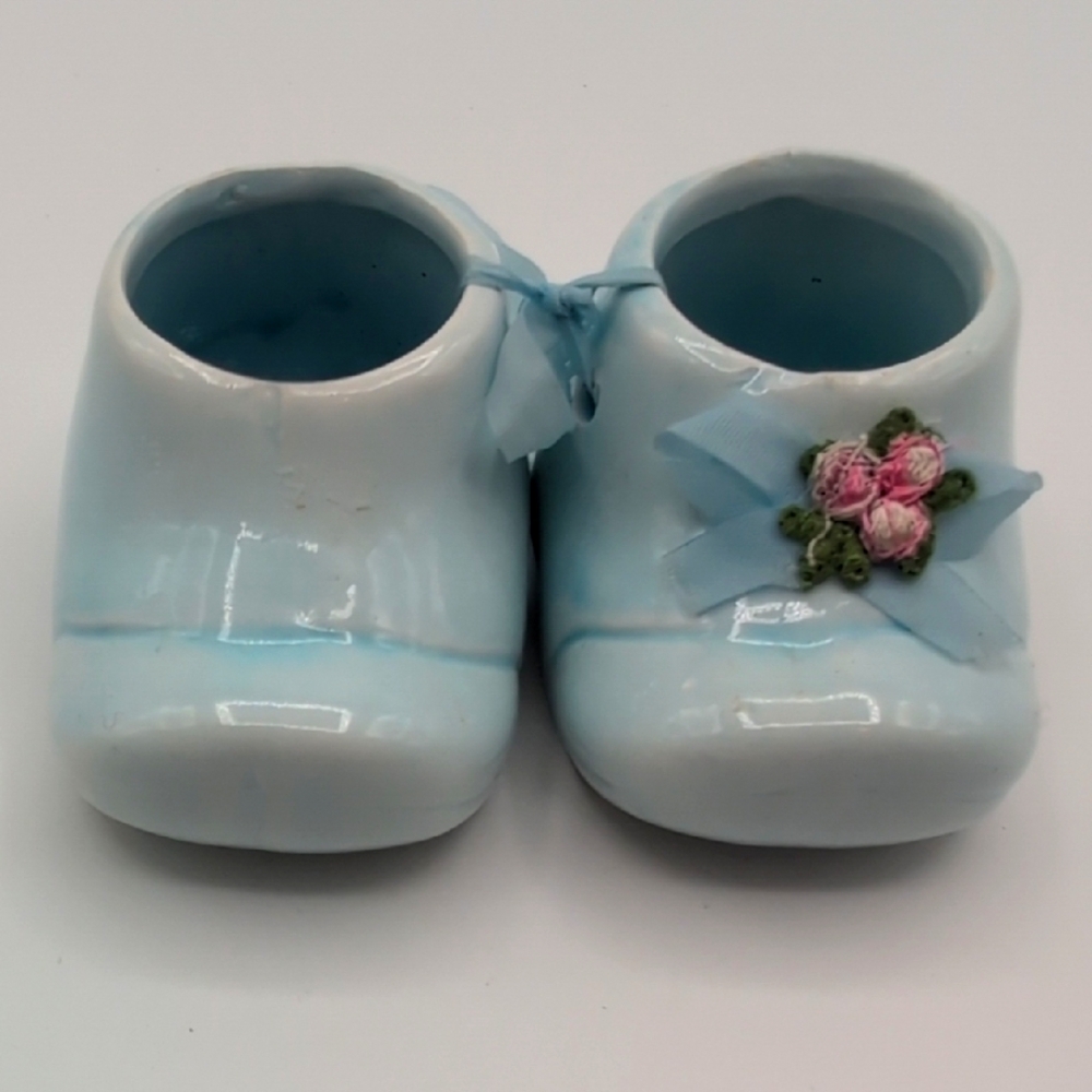 Blue Ceramic Baby Shoes with Floral Accent
